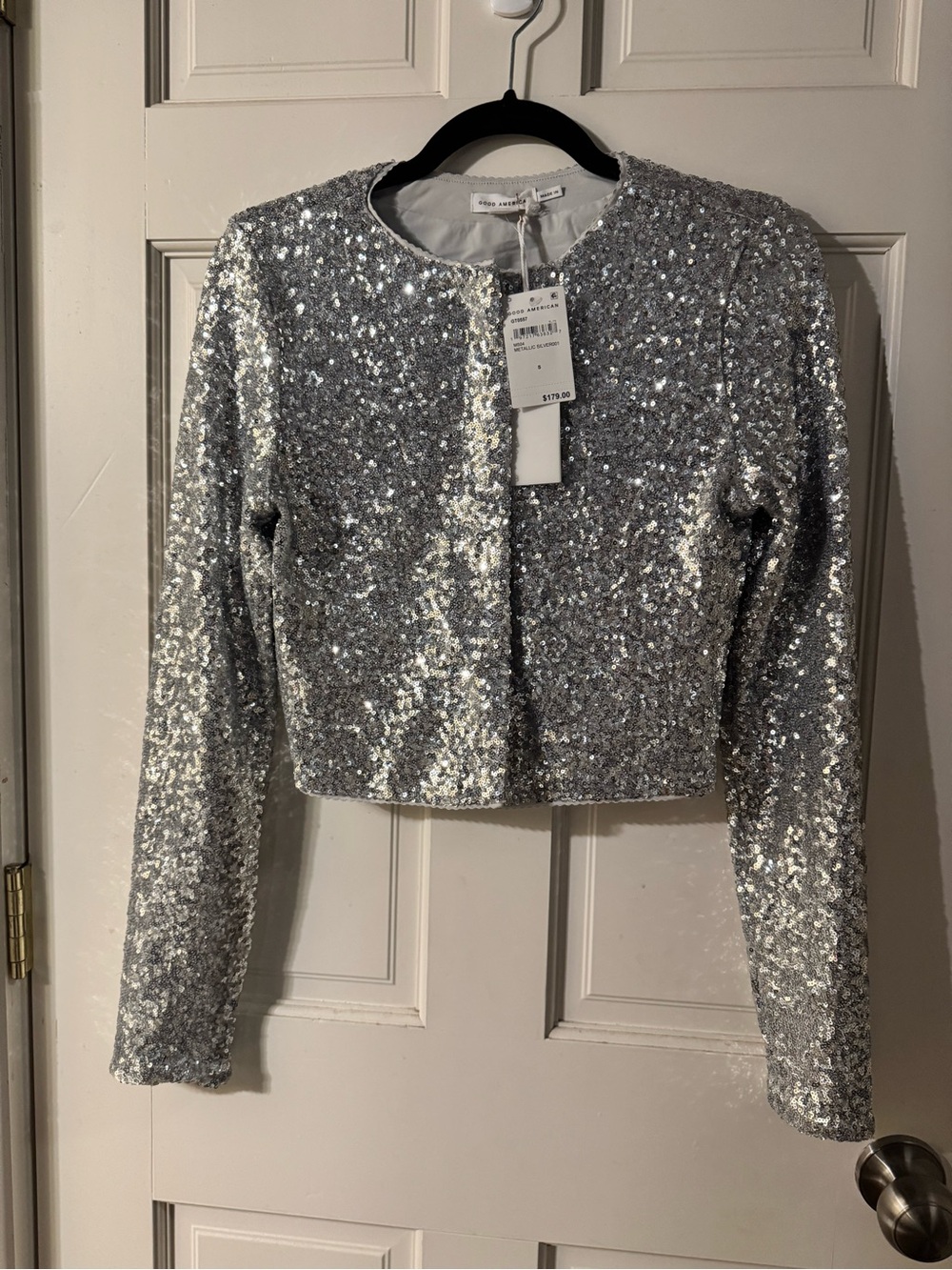 NWT Good American Metallic Silver Sequin Cropped Jacket, Size Small